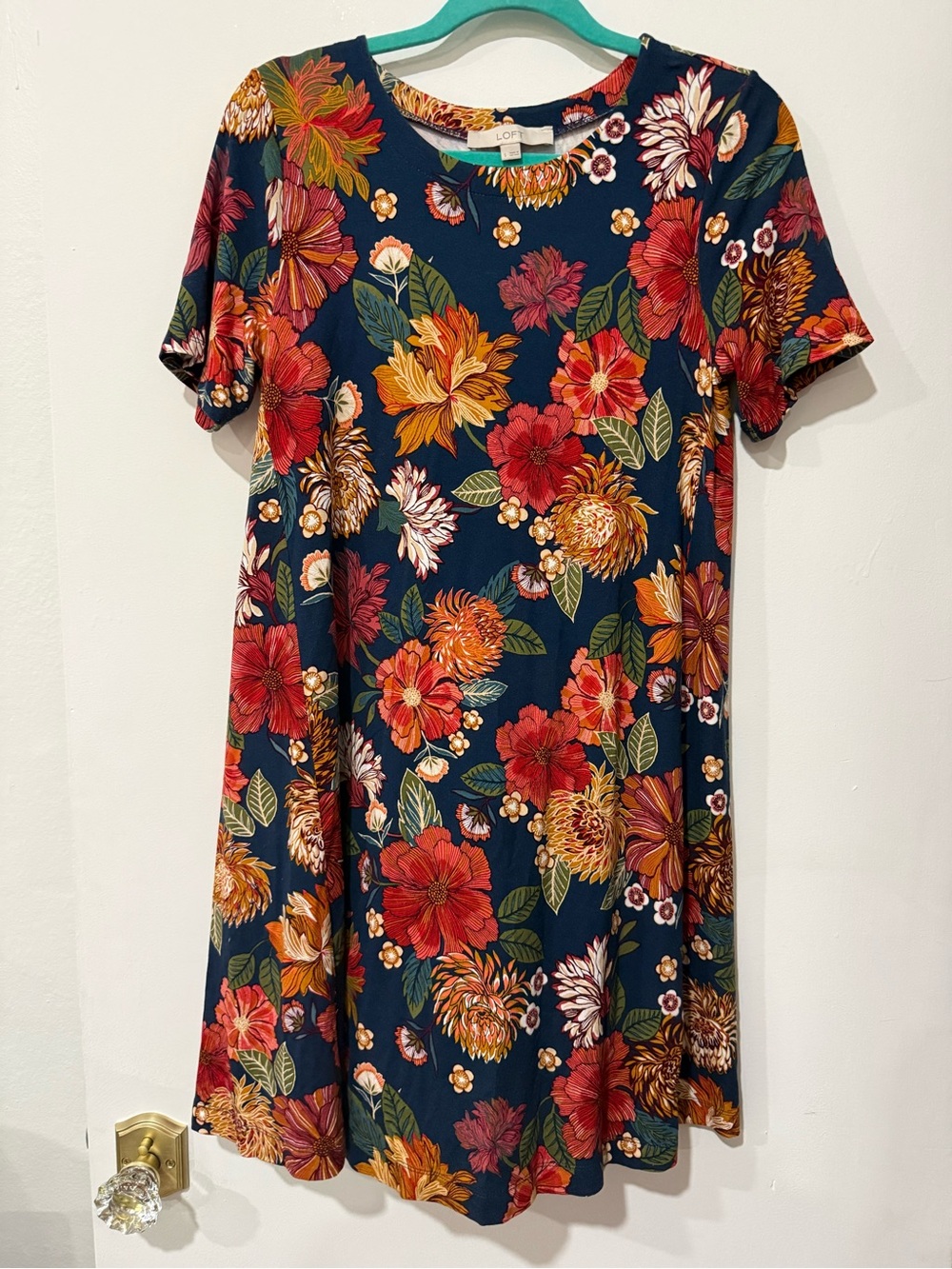 LOFT Navy Floral Swing Dress with Multicolor Blooms